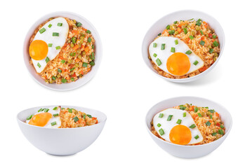 Vegetables fried rice with fried eggs, asian food on a white isolated background