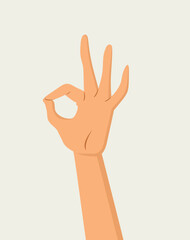 Close-up cartoon vector of a single hand making an OK gesture on a neutral beige background. Drawing concept of positive and universal signal used for approval or agreement