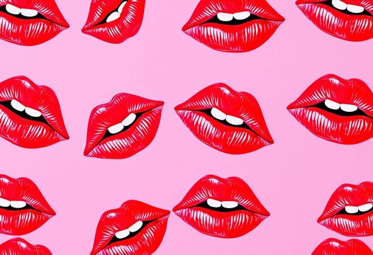 Seamless pattern of red lipstick kisses on pink background,  cosmetics,  feminine