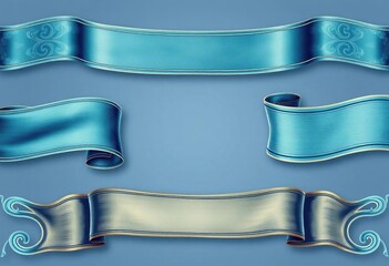 Set of vintage light and dark blue ribbons, intricate details, vector illustrations, classic, blue ribbon