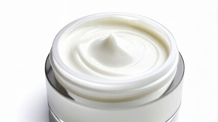 Close-up of a small white jar of moisturizing face cream with swirl detail, isolated on a bright white background with silver accents. - Powered by Adobe