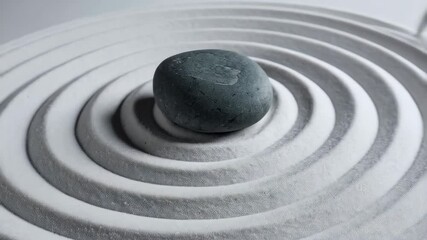 Minimalist zen garden features raked white sand with grey rounded pebbles arranged in meditative circles and parallel wavy lines, creating a calm design. - Powered by Adobe