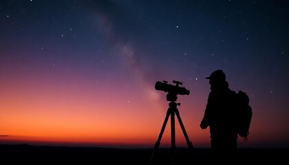 Silhouette of observer using telescope under a twilight sky filled with stars, astronomy,  optical instrument