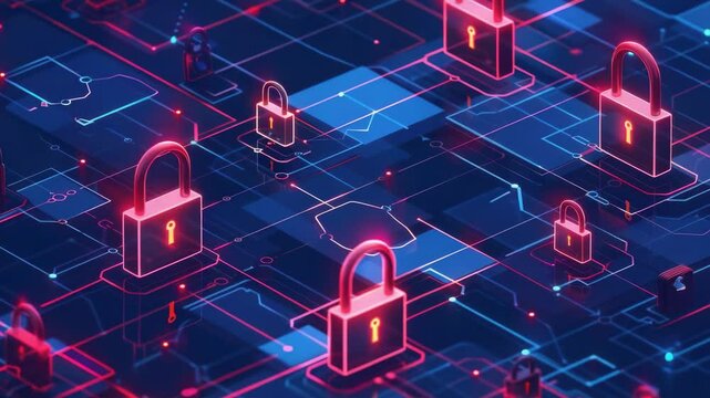 A computer screen shows a grid of red and blue keys with a red lock on each key. Concept of security and protection, as the locks are designed to keep something safe