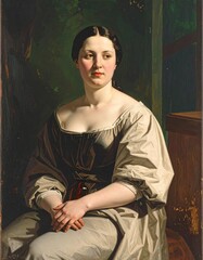 Portrait of a Young Woman in a Beige Dress, 19th Century Oil Painting