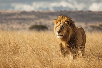 Majestic Lion in golden savanna, a stunning wildlife portrait. The king of the jungle surveys his territory. Wildlife photography