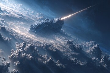 Celestial Encounter: Asteroid streaking through Earth's atmosphere, creating a spectacular and ominous sight against the cloudscape.