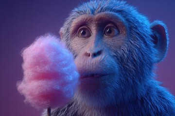 Charming monkey marveling at a cloud of pink cotton candy, fur illuminated by soft blue light against a deep purple backdrop.