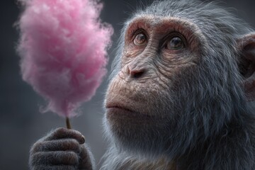 A contemplative primate holds a delicate pink treat. The animal stares dreamily, lost in thought or perhaps anticipating a sweet taste.