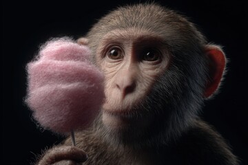 Monkey with spun sugar: A close-up of a monkey holding a pink treat against a dark background, capturing its sweet expression.