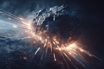 Large asteroid plummets towards Earth, creating fire trails as it enters the atmosphere. Threatening impact on the planet below.