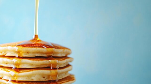Stack of pancakes with syrup pouring