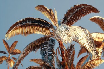 Golden palm trees reach for the sky, their fronds shimmering in the sunlight against a soft, pastel blue background.