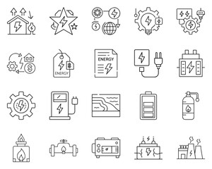 Energy and Resources Icon Set with Energy Symbols in Black Silhouettes