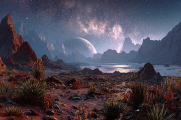 Desert planet landscape with jagged mountains under a starry sky and a large distant planet; a stunning alien vista.