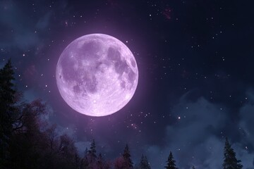 Enchanting full moon casting a magical glow over a tranquil forest. A celestial scene of nature's beauty beneath a starry night sky.