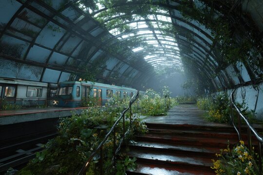 Overgrown train station with vegetation covering tracks & platforms, evoking a post-apocalyptic theme, mixing nature with urban decay.
