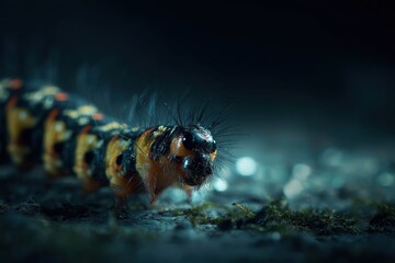 A captivating close-up of a colorful caterpillar with distinctive hairs, set against a moody and softly blurred background.