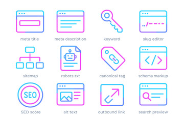 Neon icons representing seo tools and concepts in glowing colors