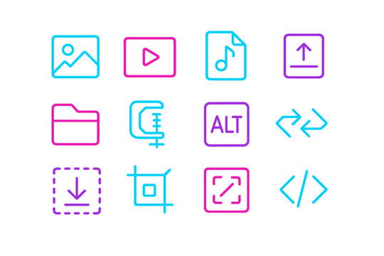 Neon multimedia icons: music, video, image, upload, download, edit, code