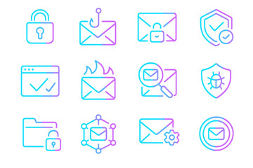 Neon cybersecurity icons featuring email, lock, and shield symbols