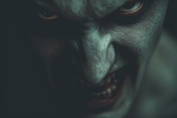 Close-up of a monstrous face with pale skin, menacing eyes, and bared teeth, conveying fear and dread in the shadowy darkness.