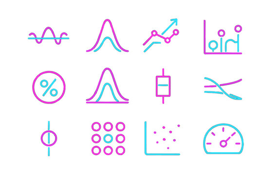 Neon statistical icons with graphs and analysis symbols on black background