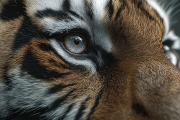 A close-up of a wild tiger's eye, showcasing its intricate fur pattern and captivating gaze. The tiger's natural beauty captured in detail.