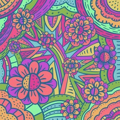 Orange yellow purple flowers on colorful Background hand drawn illustration 