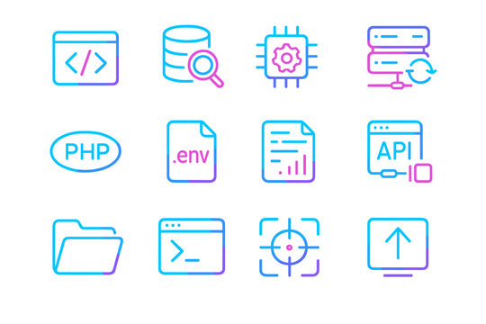 Neon tech interface icons for web development and data management