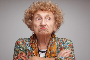 Senior woman with a displeased facial expression. Her arms are crossed, and she is looking skeptically off to the side.