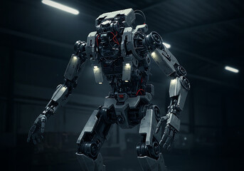Naklejka premium A towering, heavily armored robot with visible internal machinery and glowing lights stands in a dim, industrial setting, suggesting a powerful and complex automaton.