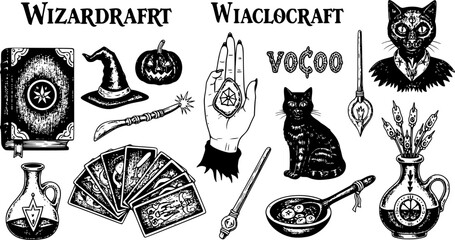 Big collection of wizardry elements for magic rituals or tarot deck, book, cat hand Witch with stone of prediction. Halloween witchcraft and sorcery things magician and voodoo hand drawn engraved