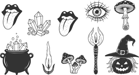 Big collection of wizardry elements for magic rituals or tarot deck, cauldron and crystals tongue, dead eye, mushrooms Halloween different witchcraft and sorcery tmagician and voodoo hand drawn