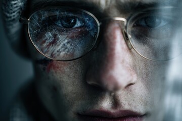 Close-up portrait of an injured person, focusing on the face and glasses. The glasses are broken, reflecting the damage and turmoil.