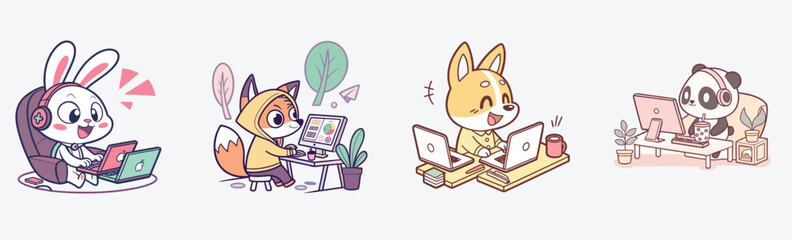Cute baby dog animals working on  computer.