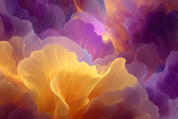 Abstract floral illustration with layers of transparent, flowing shapes in yellow, orange, and purple hues, creating a dreamlike effect.