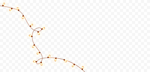 Lights bulbs for corner isolated on transparent background. Glowing fairy Christmas garland string. Vector New Year party led lamps decoration