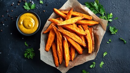 Crispy sweet potato fries, mustard dipping sauce (4)