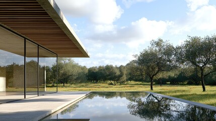 Modern home with glass walls overlooking a tranquil pool and landscape.