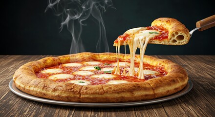 Steaming deep-dish pizza with melting mozzarella on a wooden table, slice being lifted