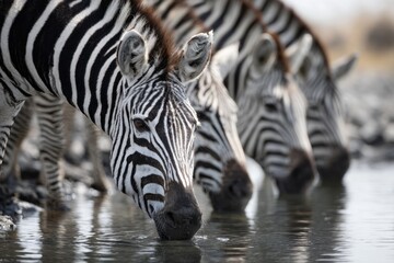 A trio of zebras gracefully drinks from a still body of water, their reflections shimmering on the surface in this striking wildlife scene.