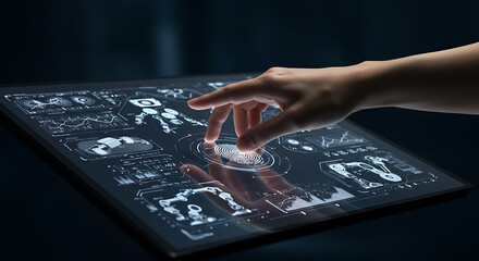 Human hand interacting with a futuristic translucent tablet displaying medical data and human body scans, symbolizing virtual diagnostics, health technology, or human-computer interaction.