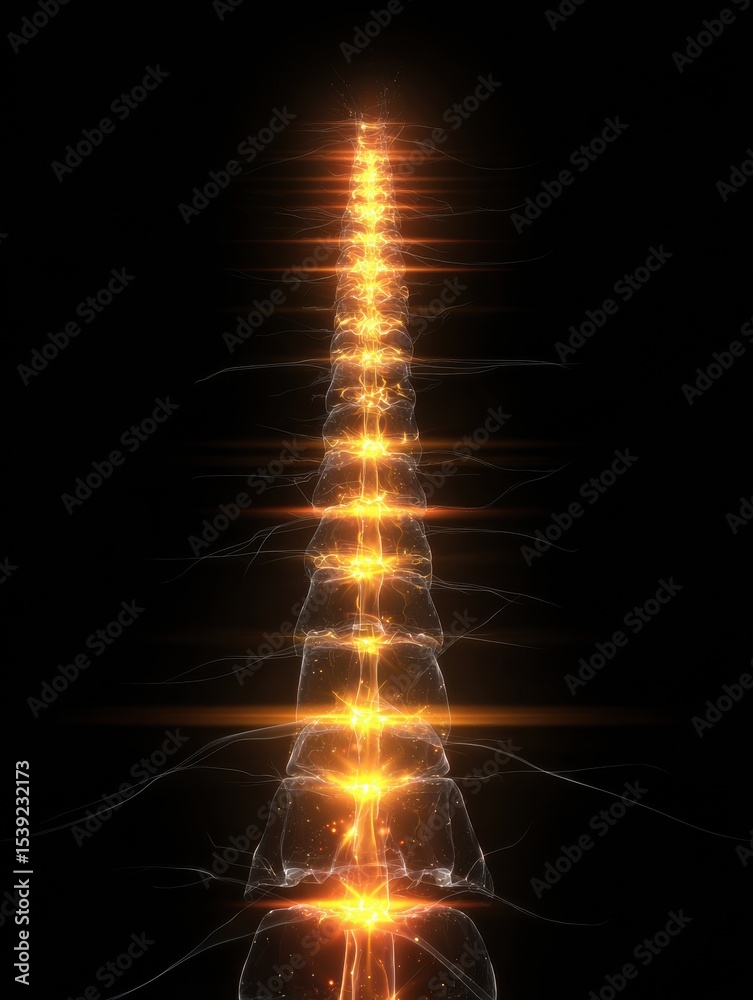 Poster Stylized Energy Pulses Along a Spinal Line Create a Dynamic Kinetic Effect in a Dark Environment With Glowing Details