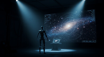 Humanoid robot observing a large holographic galaxy map and smaller interactive display, symbolizing AI-driven cosmic exploration or advanced astronomy research.