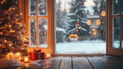Cozy Christmas scene by window with snow
