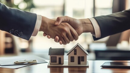 Business handshake over miniature houses