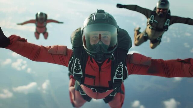 Three skydivers wearing red jumpsuits soar through the sky, embodying the thrill of flight.