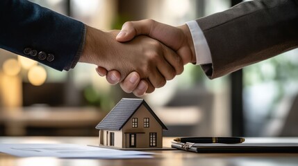 Businesspeople shake hands over a house model