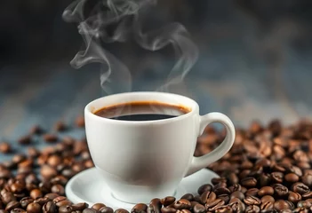  A steaming cup of coffee beside a scattering of coffee beans ,  digital art,  beverage © Teepanun